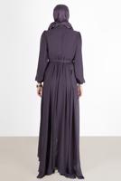 Tesettür giyim MOR PİLE GÖRÜNÜMLÜ BELİ BÜZGÜLÜ ABİYE ELBİSE 65015 