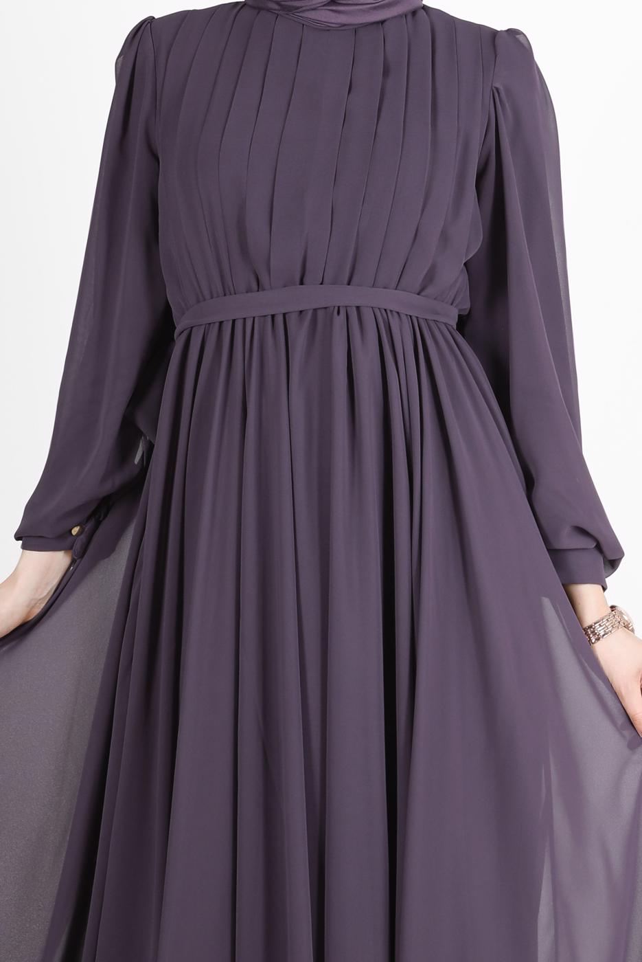 Tesettür giyim MOR PİLE GÖRÜNÜMLÜ BELİ BÜZGÜLÜ ABİYE ELBİSE 65015 