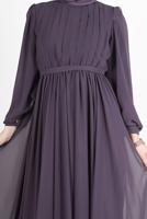 Tesettür giyim MOR PİLE GÖRÜNÜMLÜ BELİ BÜZGÜLÜ ABİYE ELBİSE 65015 