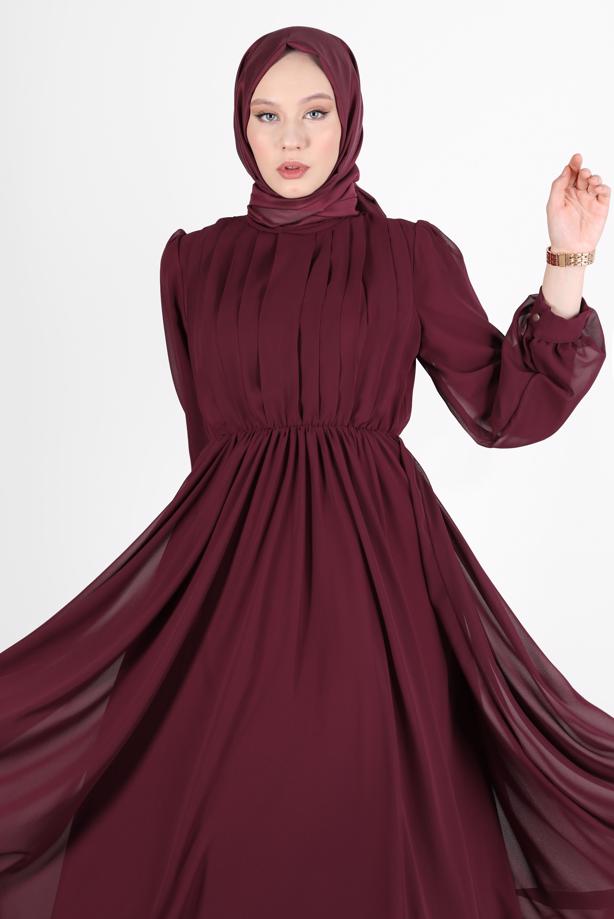 Tesettür giyim  PİLE GÖRÜNÜMLÜ BELİ BÜZGÜLÜ ABİYE ELBİSE 65015  - TRENDTESETTÜR