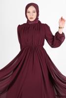Tesettür giyim BORDO PİLE GÖRÜNÜMLÜ BELİ BÜZGÜLÜ ABİYE ELBİSE 65015 