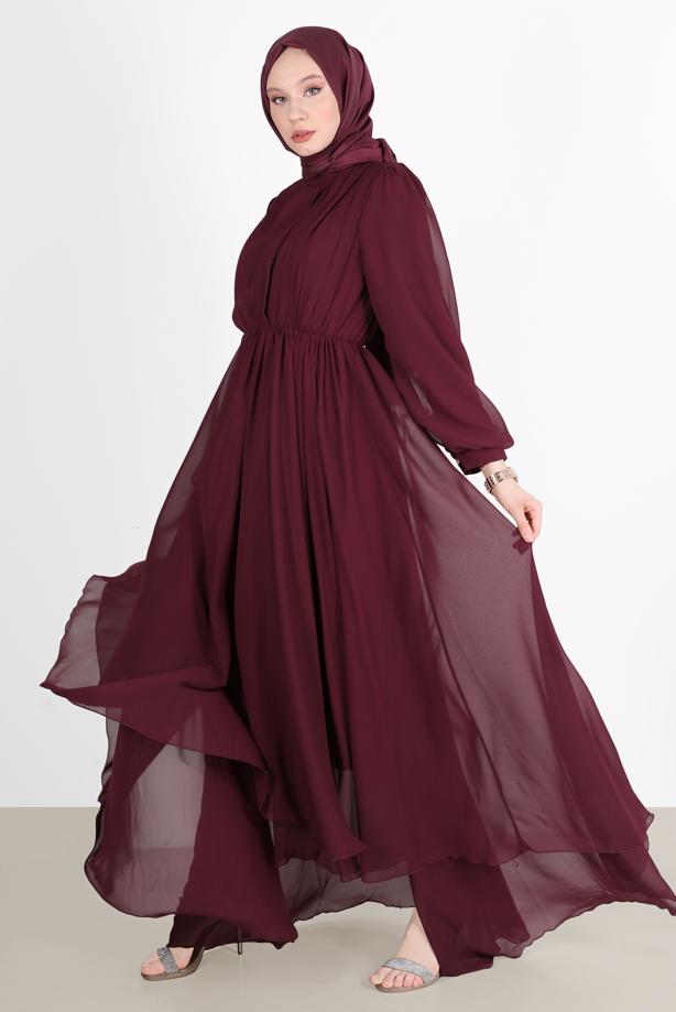 Tesettür giyim  PİLE GÖRÜNÜMLÜ BELİ BÜZGÜLÜ ABİYE ELBİSE 65015  - TRENDTESETTÜR