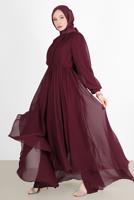 Tesettür giyim BORDO PİLE GÖRÜNÜMLÜ BELİ BÜZGÜLÜ ABİYE ELBİSE 65015 