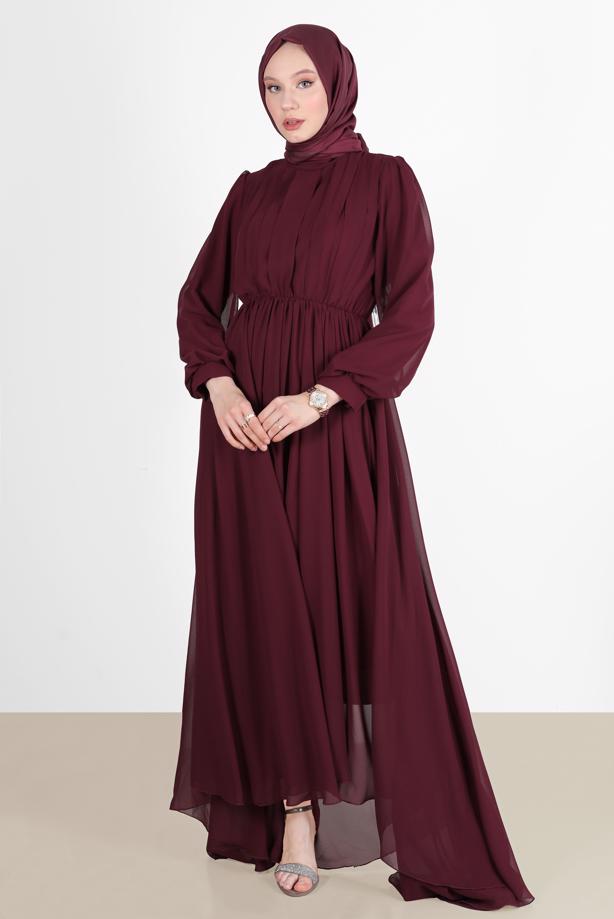 Tesettür giyim  PİLE GÖRÜNÜMLÜ BELİ BÜZGÜLÜ ABİYE ELBİSE 65015  - TRENDTESETTÜR