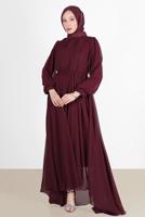 Tesettür giyim BORDO PİLE GÖRÜNÜMLÜ BELİ BÜZGÜLÜ ABİYE ELBİSE 65015 