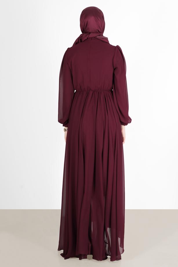 Tesettür giyim  PİLE GÖRÜNÜMLÜ BELİ BÜZGÜLÜ ABİYE ELBİSE 65015  - TRENDTESETTÜR