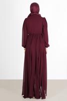Tesettür giyim BORDO PİLE GÖRÜNÜMLÜ BELİ BÜZGÜLÜ ABİYE ELBİSE 65015 