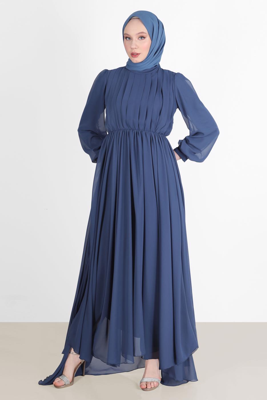 Vêtements hijab BLEU MARINE ROBE DE SOIRÉE PLISSÉE DÉTAIL SMOCKING 65015
