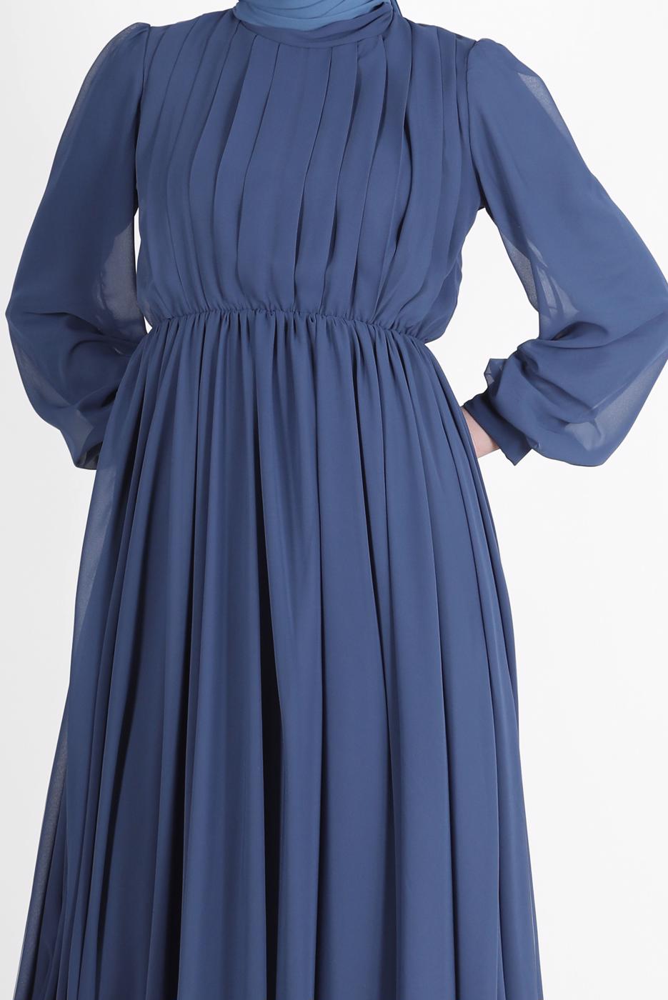 Vêtements hijab BLEU MARINE ROBE DE SOIRÉE PLISSÉE DÉTAIL SMOCKING 65015