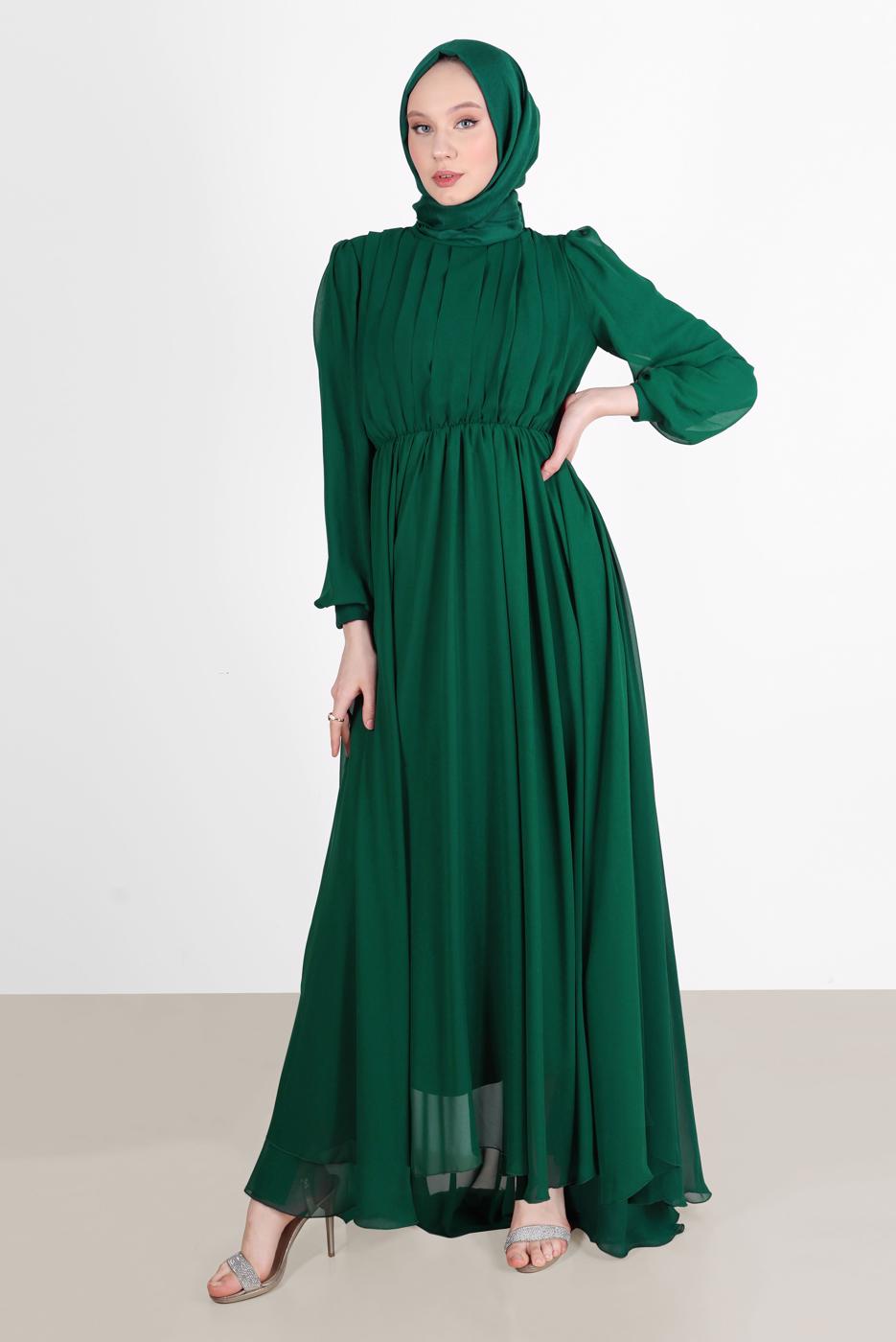 Tesettür giyim YEŞİL PİLE GÖRÜNÜMLÜ BELİ BÜZGÜLÜ ABİYE ELBİSE 65015 