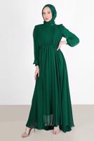 Tesettür giyim YEŞİL PİLE GÖRÜNÜMLÜ BELİ BÜZGÜLÜ ABİYE ELBİSE 65015 