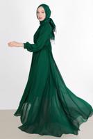 Tesettür giyim YEŞİL PİLE GÖRÜNÜMLÜ BELİ BÜZGÜLÜ ABİYE ELBİSE 65015 