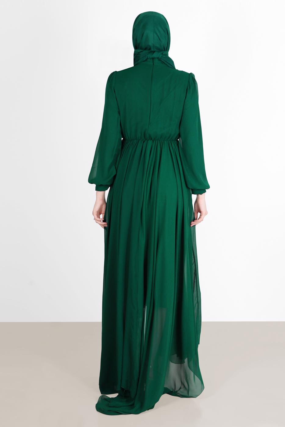 Tesettür giyim YEŞİL PİLE GÖRÜNÜMLÜ BELİ BÜZGÜLÜ ABİYE ELBİSE 65015 