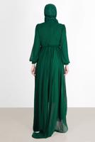 Tesettür giyim YEŞİL PİLE GÖRÜNÜMLÜ BELİ BÜZGÜLÜ ABİYE ELBİSE 65015 