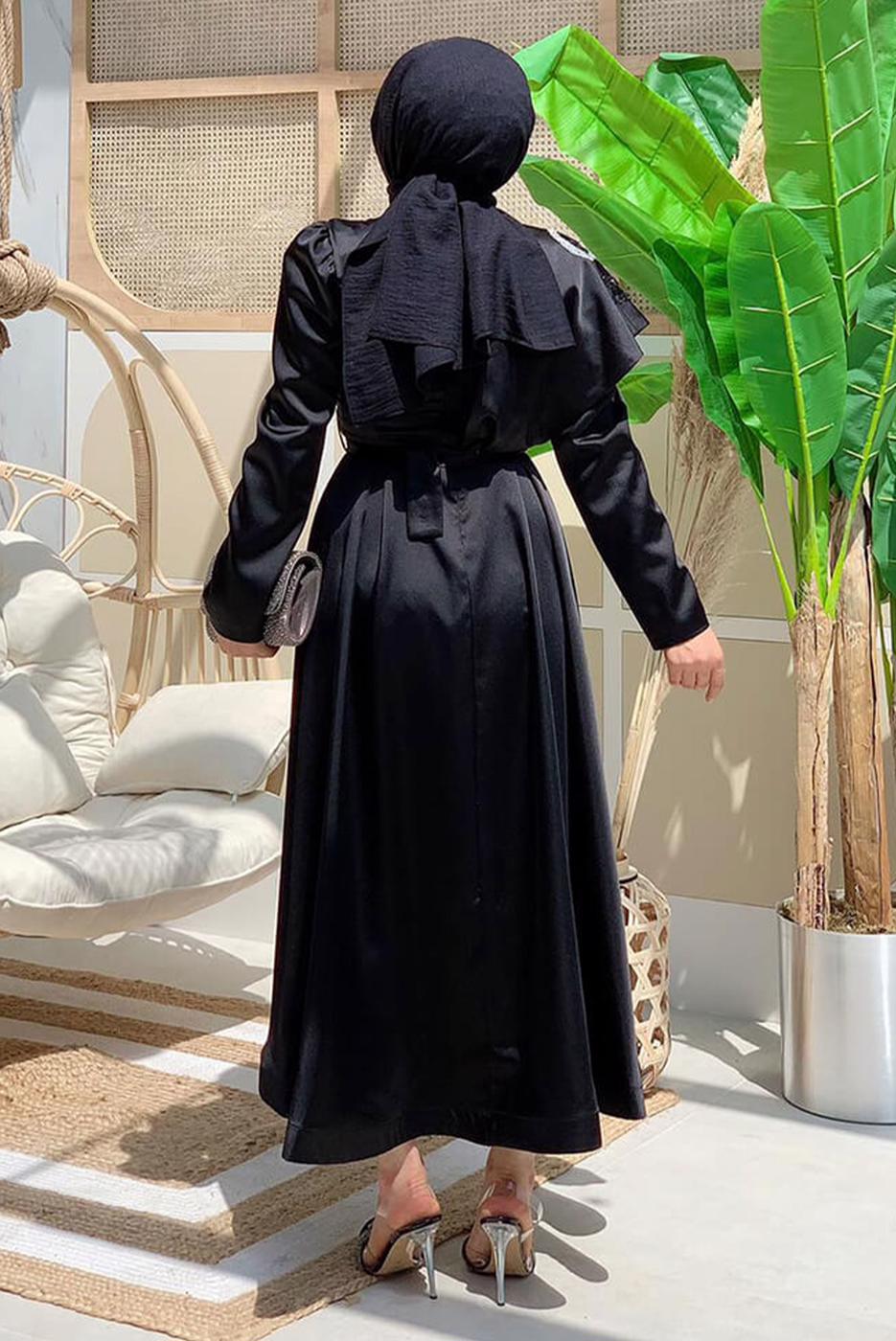 Tesettür giyim SİYAH TAŞ DETAYLI VOLANLI ABİYE T 7099