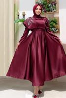 Tesettür giyim BORDO TAŞ DETAYLI VOLANLI ABİYE T 7099