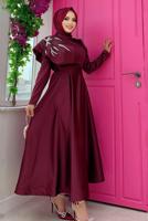 Tesettür giyim BORDO TAŞ DETAYLI VOLANLI ABİYE T 7099