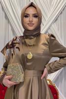 Tesettür giyim KAHVE TAŞ DETAYLI VOLANLI ABİYE T 7099