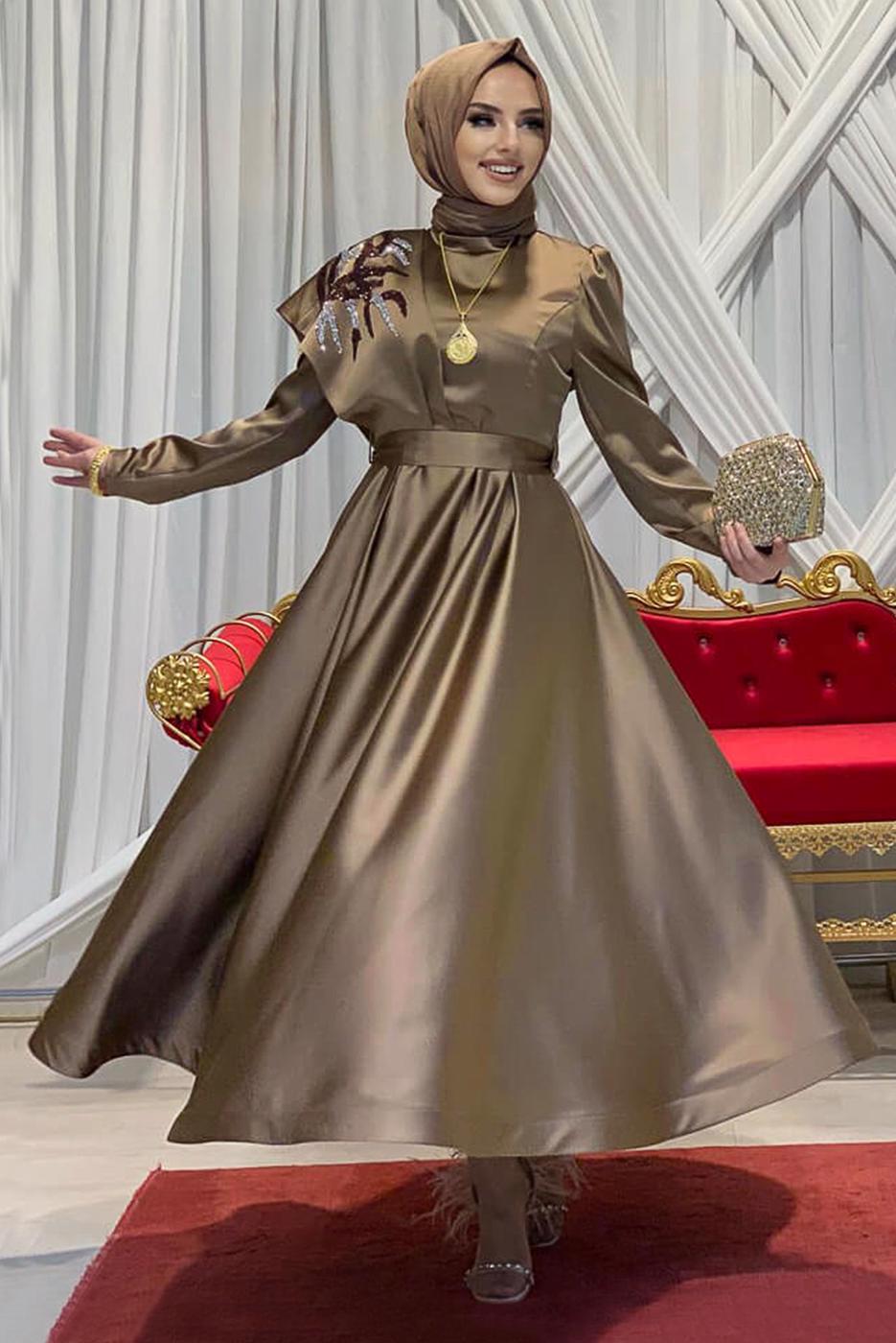 Tesettür giyim KAHVE TAŞ DETAYLI VOLANLI ABİYE T 7099
