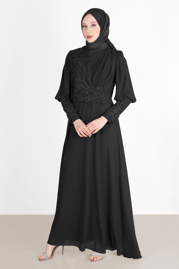 Vêtements hijab  BEAD EMBROIDERY DETAIL EVENING DRESS 71825  - TRENDTESETTÜR