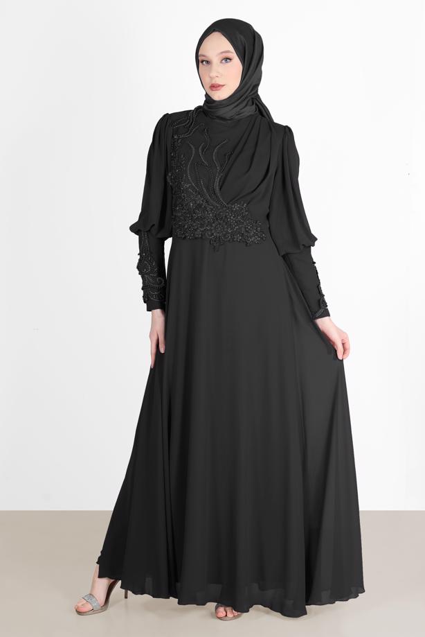 Vêtements hijab  BEAD EMBROIDERY DETAIL EVENING DRESS 71825  - TRENDTESETTÜR