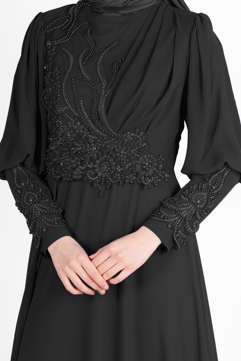 Hijab clothing BLACK BEAD EMBROIDERY DETAIL EVENING DRESS 71825 