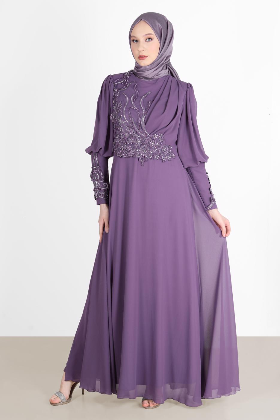 Hijab clothing PURPLE BEAD EMBROIDERY DETAIL EVENING DRESS 71825 