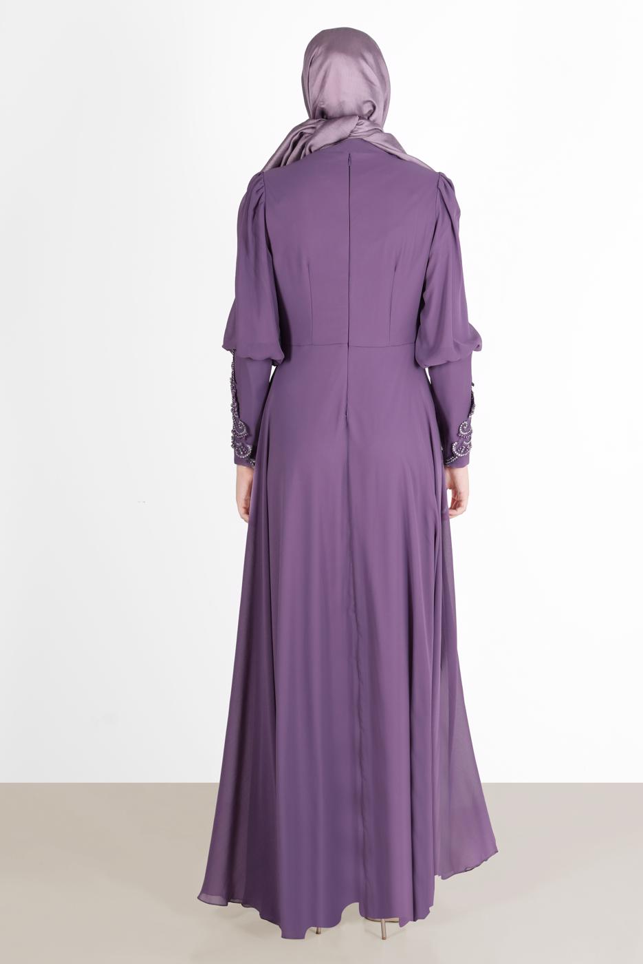 Hijab clothing PURPLE BEAD EMBROIDERY DETAIL EVENING DRESS 71825 