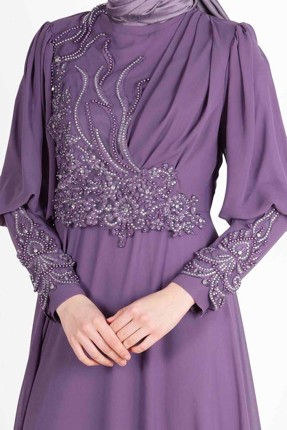 Hijab clothing PURPLE BEAD EMBROIDERY DETAIL EVENING DRESS 71825 