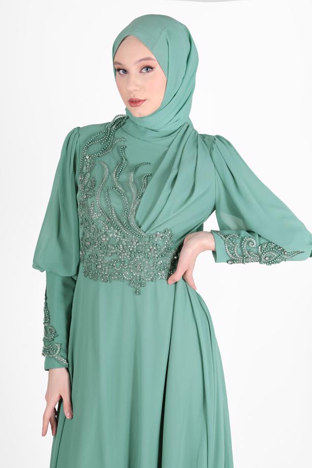 Vêtements hijab  BEAD EMBROIDERY DETAIL EVENING DRESS 71825  - TRENDTESETTÜR