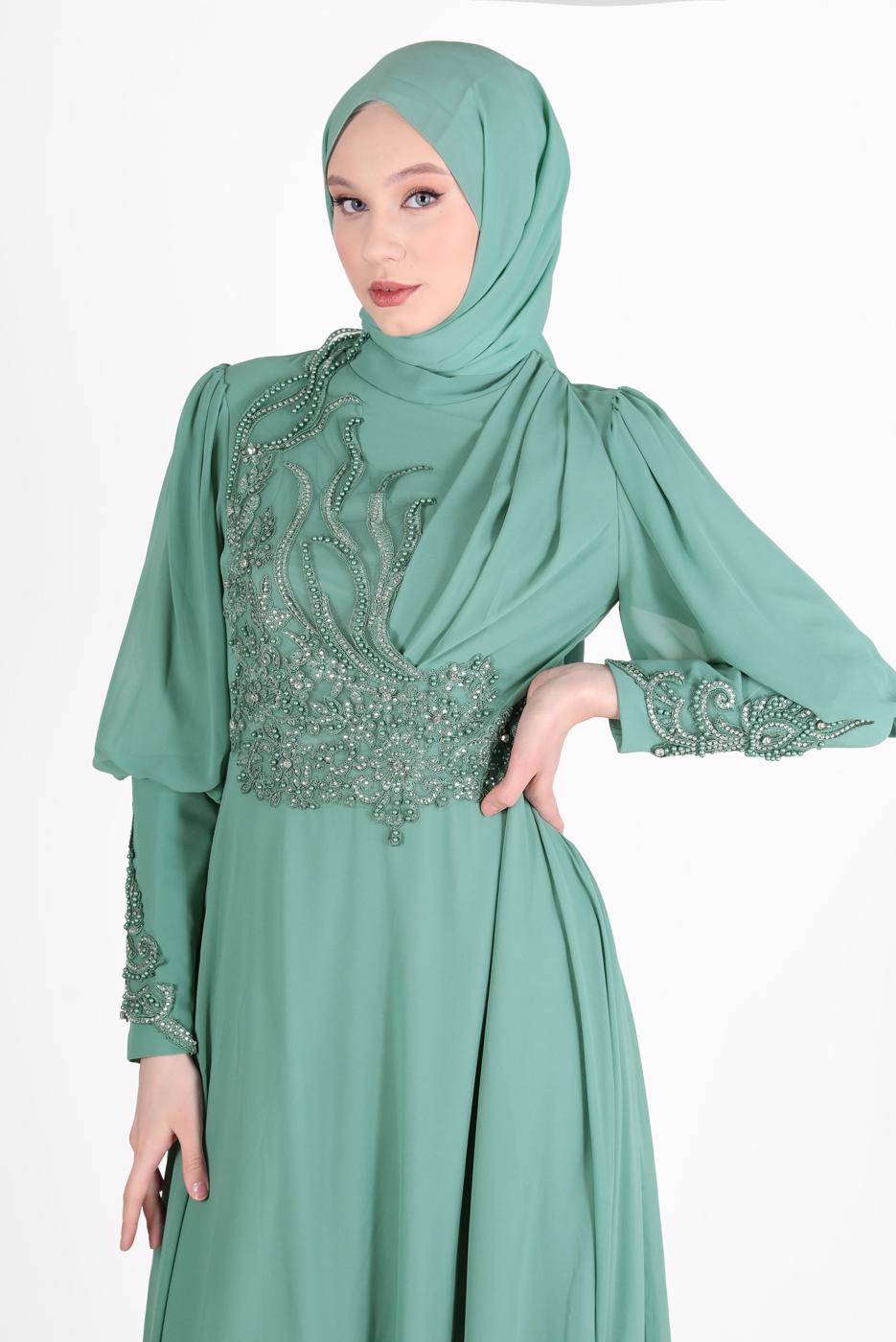 Vêtements hijab VERT ROBE DE SOIRÉE BRODERIE PERLES 71825