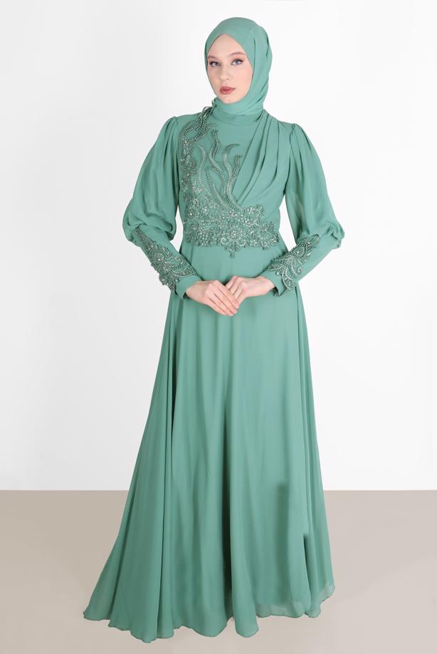 Vêtements hijab  BEAD EMBROIDERY DETAIL EVENING DRESS 71825  - TRENDTESETTÜR