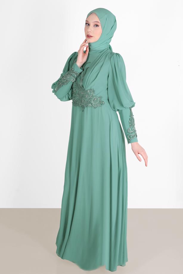 Vêtements hijab  BEAD EMBROIDERY DETAIL EVENING DRESS 71825  - TRENDTESETTÜR