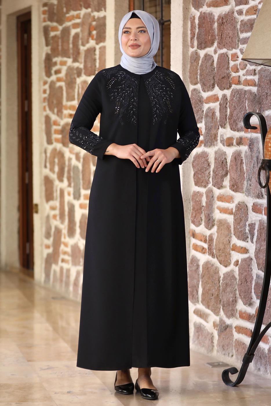 Tesettür giyim SİYAH BONCUK İŞLEMELİ ABİYE ELBİSE T 7221