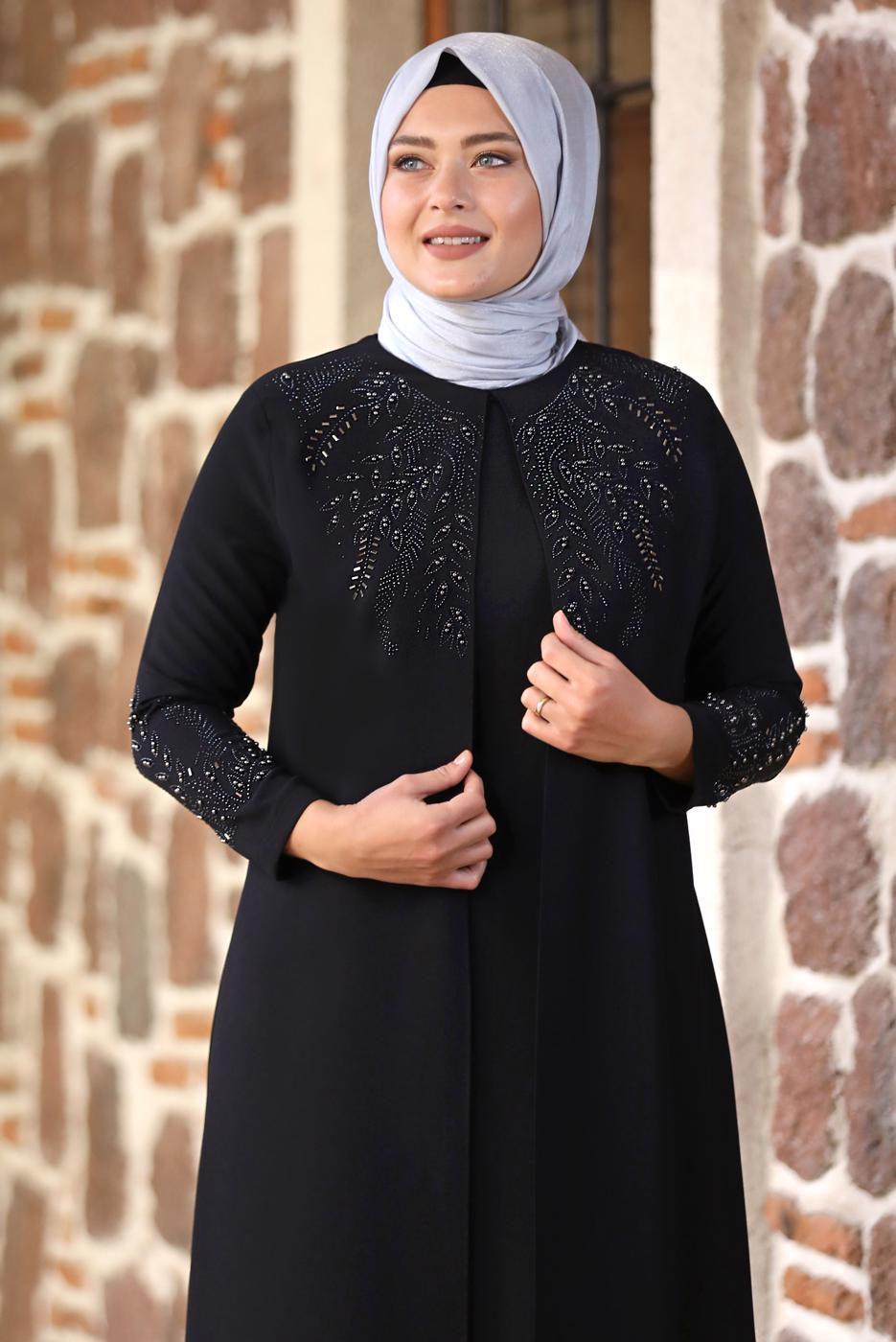 Tesettür giyim SİYAH BONCUK İŞLEMELİ ABİYE ELBİSE T 7221