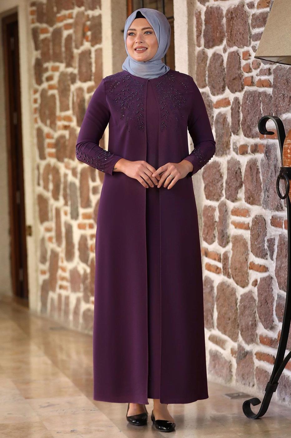 Vêtements hijab POURPRE ROBE DE SOIRÉE BRODÉE DE PERLES T 7221
