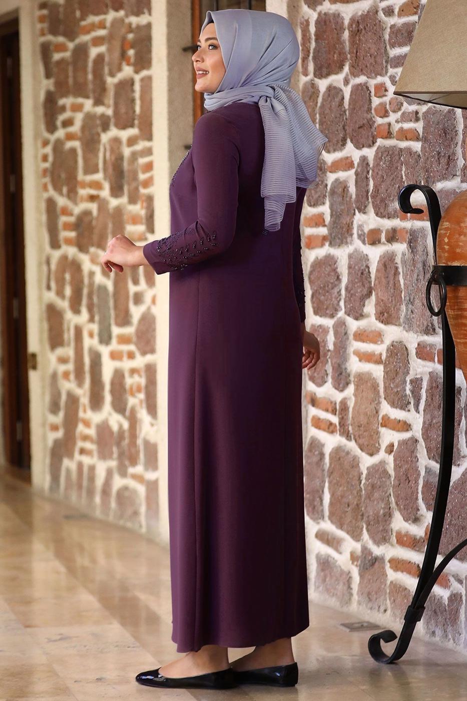Vêtements hijab POURPRE ROBE DE SOIRÉE BRODÉE DE PERLES T 7221