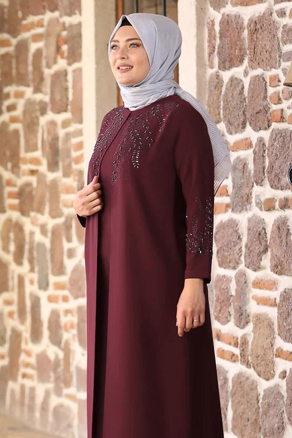 Hijab clothing CLARET RED BEAD EMBROIDERED EVENING DRESS T 7221