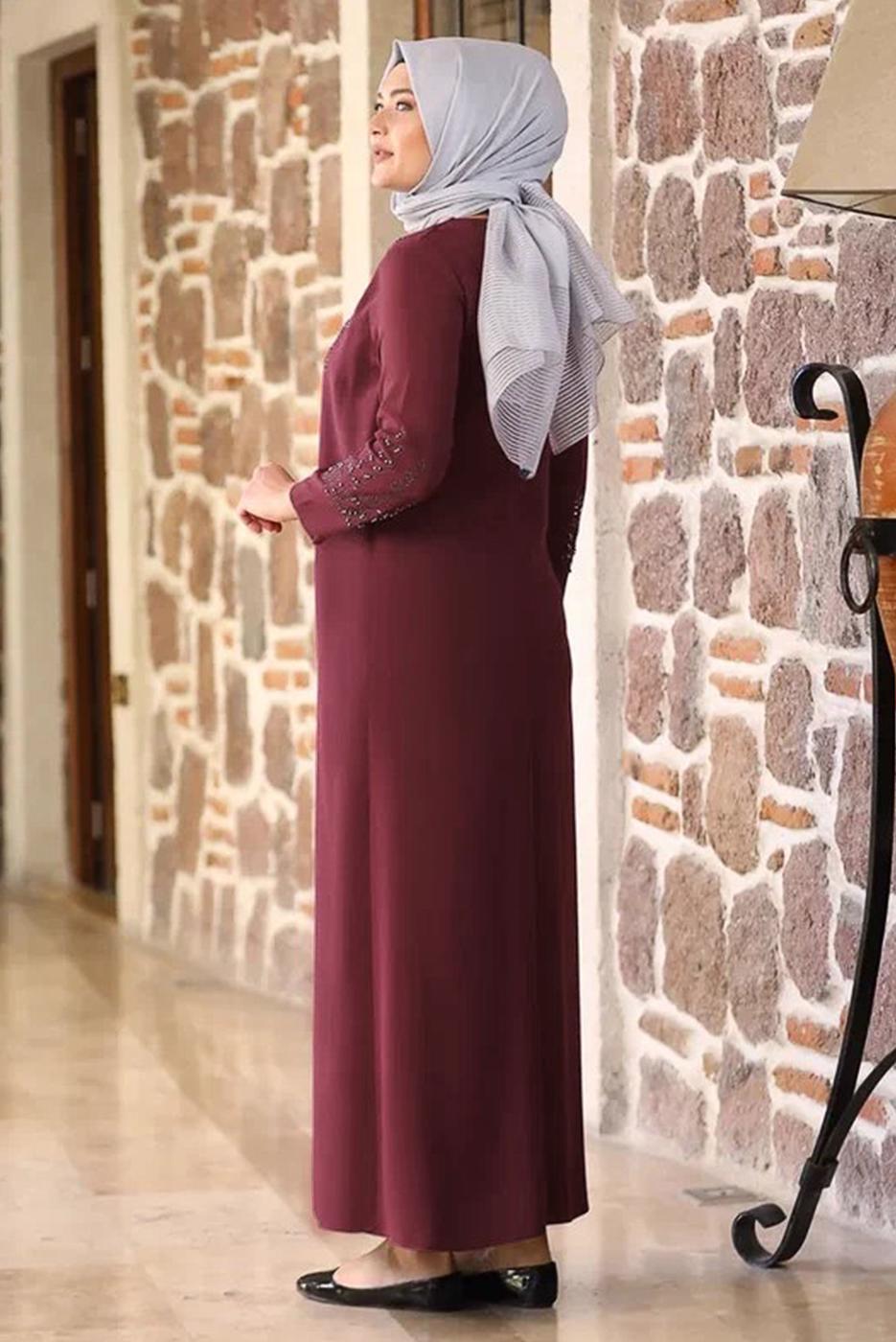 Hijab clothing CLARET RED BEAD EMBROIDERED EVENING DRESS T 7221