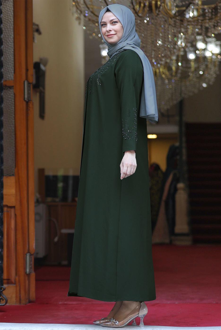 Vêtements hijab KAKI ROBE DE SOIRÉE BRODÉE DE PERLES T 7221