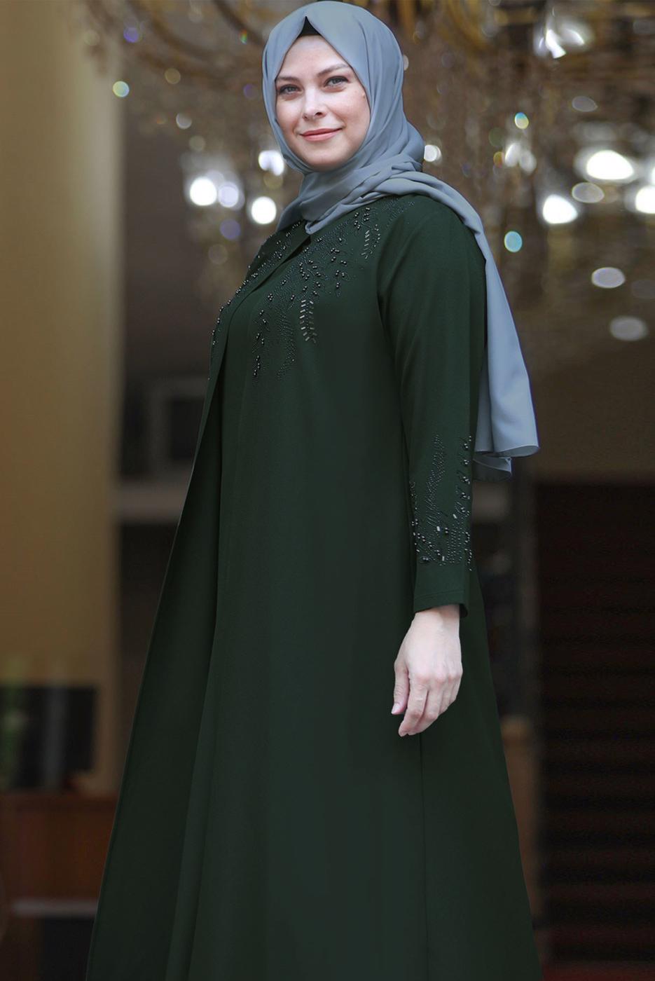 Vêtements hijab KAKI ROBE DE SOIRÉE BRODÉE DE PERLES T 7221