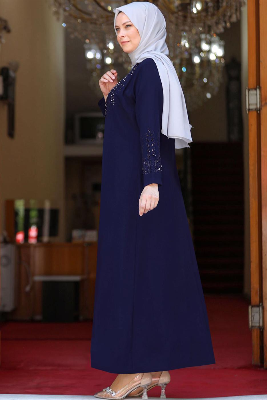 Tesettür giyim LACİVERT BONCUK İŞLEMELİ ABİYE ELBİSE T 7221