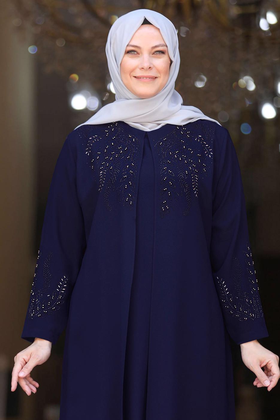 Tesettür giyim LACİVERT BONCUK İŞLEMELİ ABİYE ELBİSE T 7221