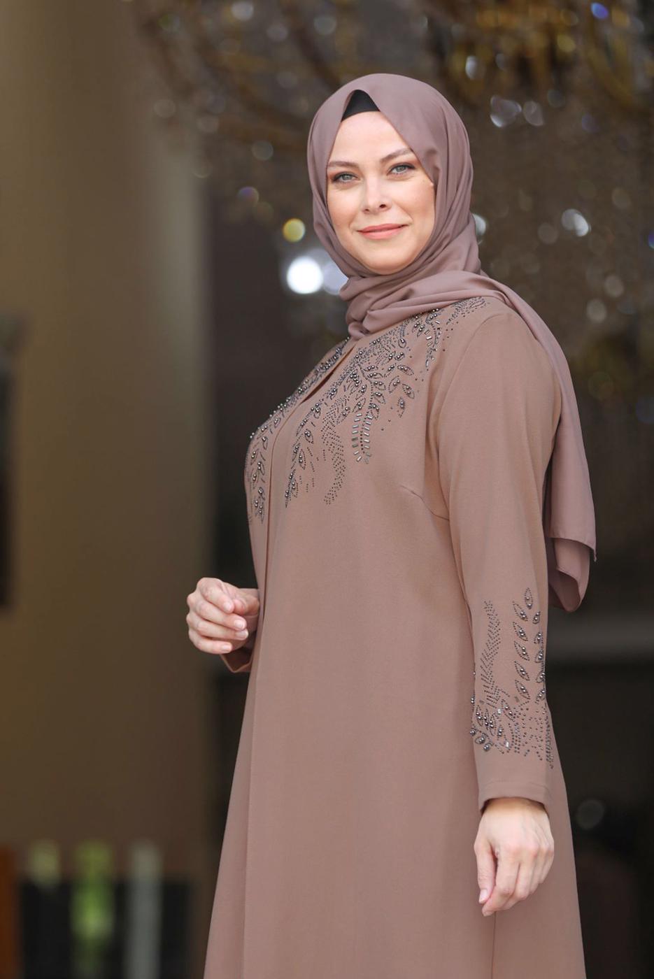 Tesettür giyim VİZON BONCUK İŞLEMELİ ABİYE ELBİSE T 7221