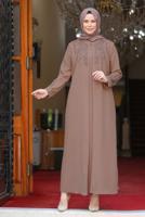 Tesettür giyim VİZON BONCUK İŞLEMELİ ABİYE ELBİSE T 7221