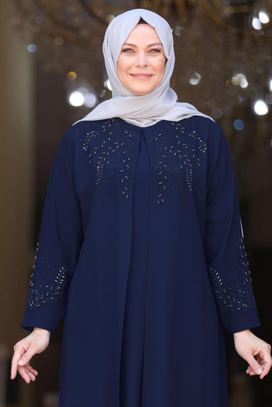 Tesettür giyim LACİVERT BONCUK İŞLEMELİ ABİYE ELBİSE T 7221