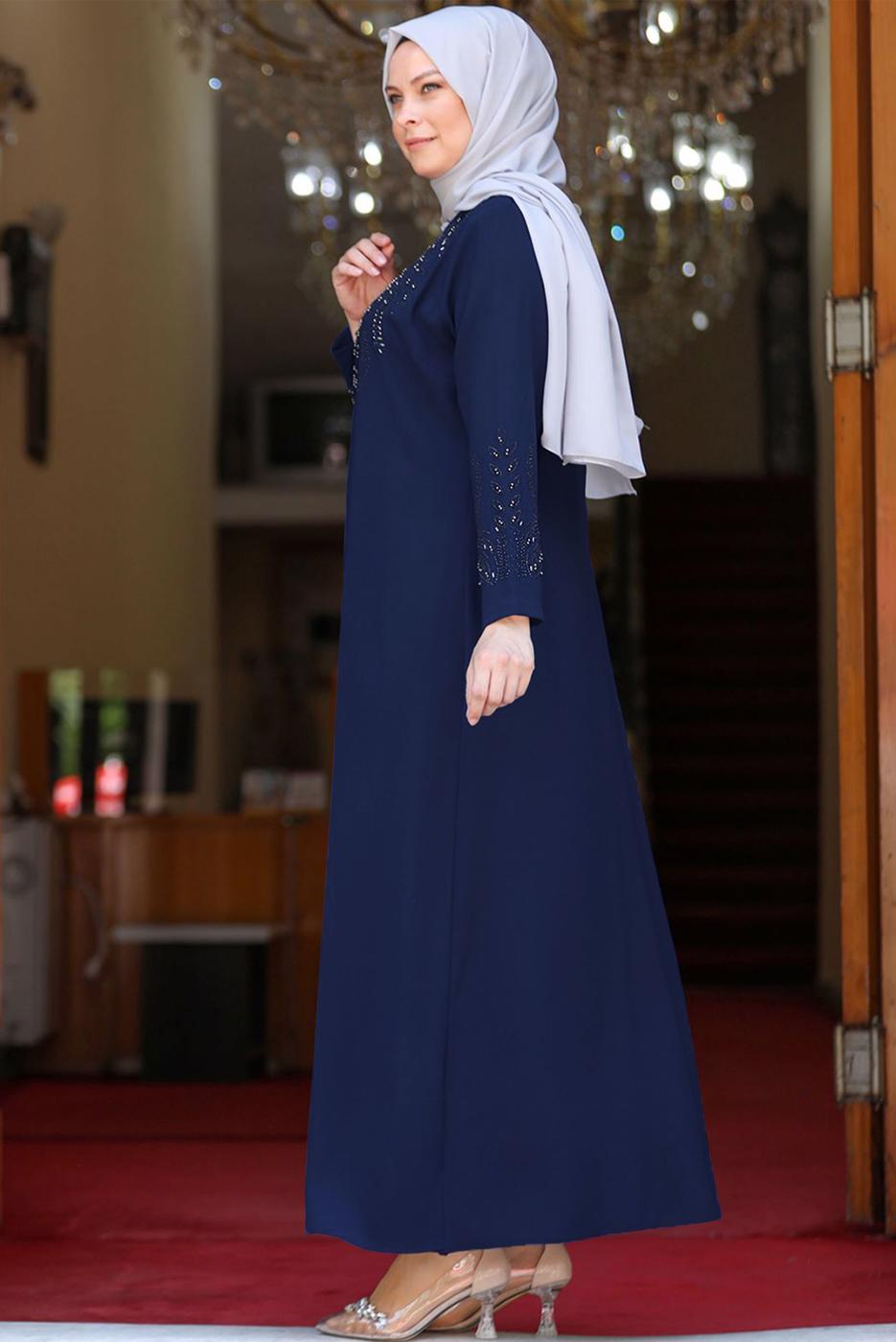 Tesettür giyim LACİVERT BONCUK İŞLEMELİ ABİYE ELBİSE T 7221