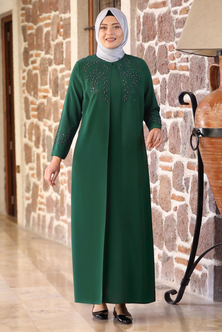 Hijab clothing GREEN BEAD EMBROIDERED EVENING DRESS T 7221
