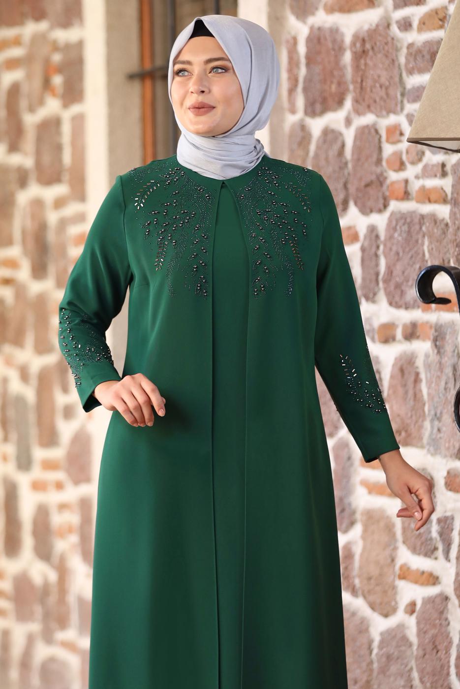 Hijab clothing GREEN BEAD EMBROIDERED EVENING DRESS T 7221