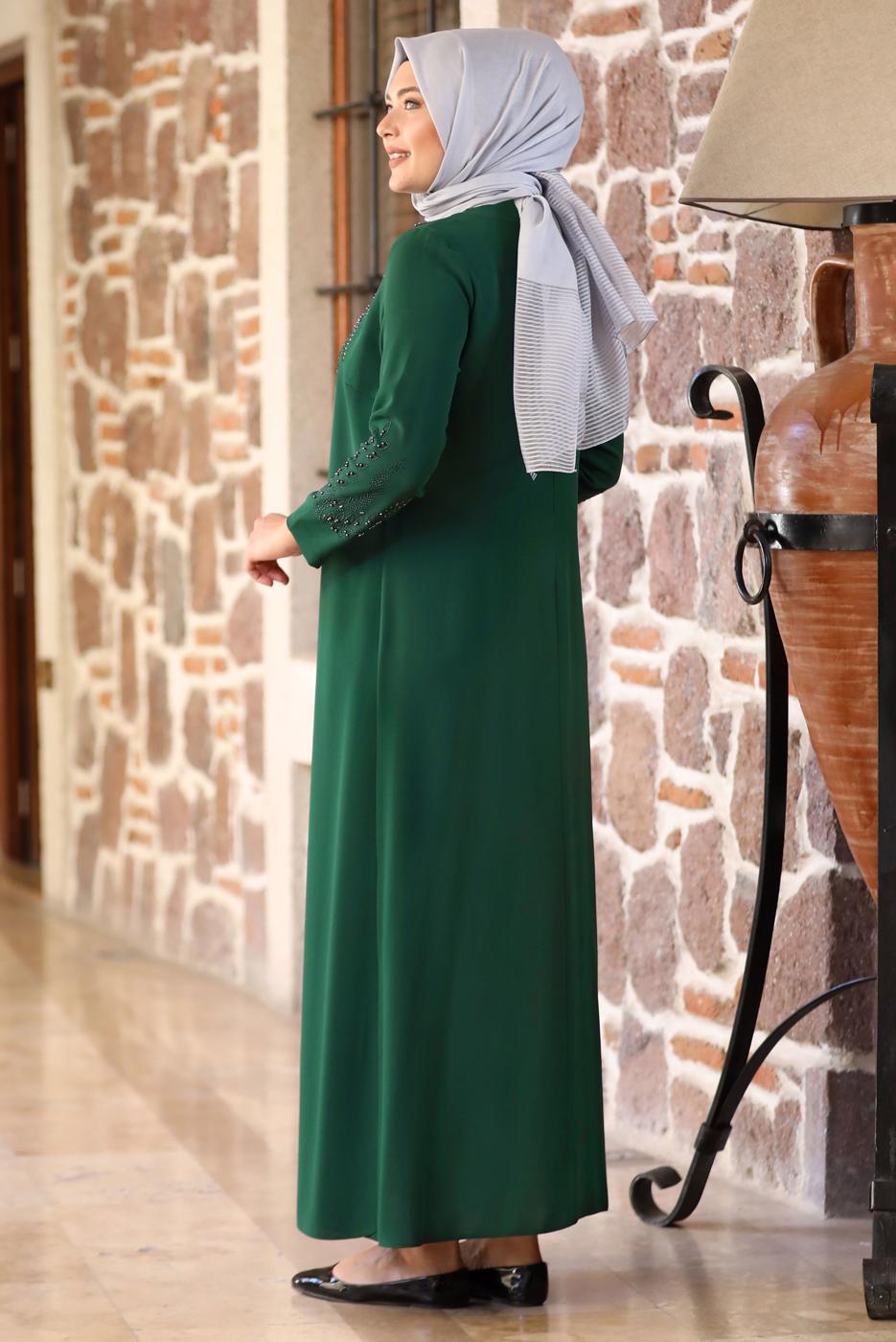 Hijab clothing GREEN BEAD EMBROIDERED EVENING DRESS T 7221